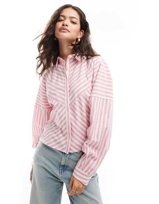 ASOS DESIGN - Camicia rosa a righe con spalle voluminose con dettaglio combinato