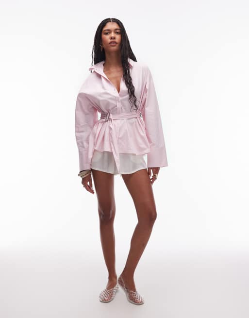 ASOS DESIGN - Camicia rosa in popeline stretta in vita con cintura, 2 di 4