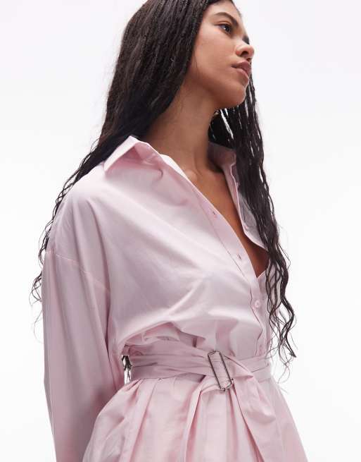 ASOS DESIGN - Camicia rosa in popeline stretta in vita con cintura, 3 di 4