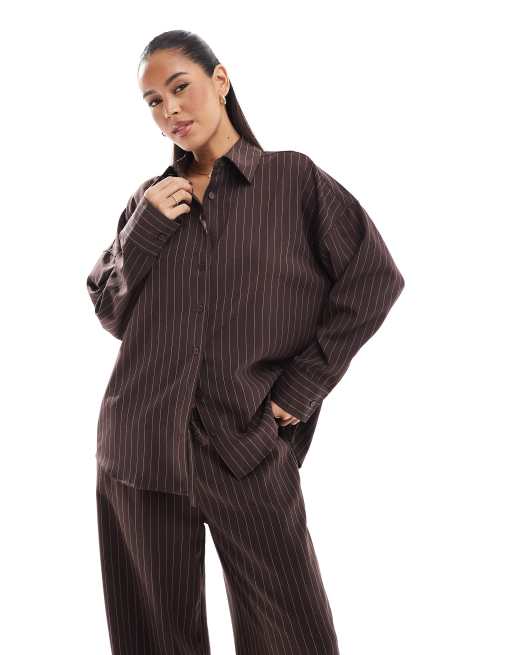 ASOS DESIGN - Camicia sartoriale oversize cioccolato gessato in coordinato