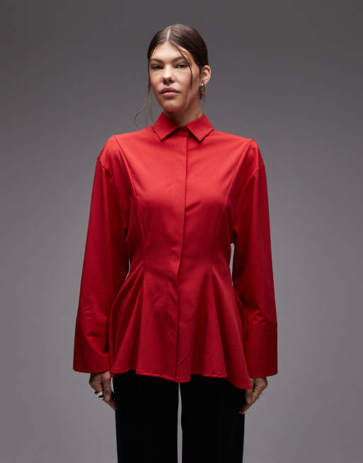 ASOS DESIGN - Camicia sartoriale stretta in vita rossa con spalle pronunciate, 2 di 4