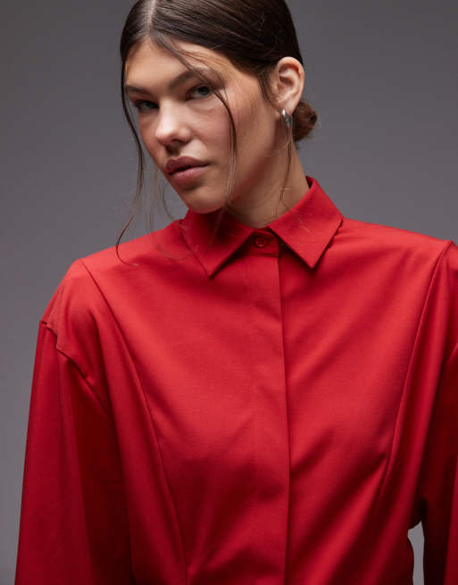 ASOS DESIGN - Camicia sartoriale stretta in vita rossa con spalle pronunciate, 3 di 4