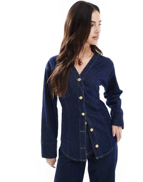 ASOS DESIGN - Camicia senza colletto in denim lavaggio rinse wash con scollo a V in coordinato - view 1