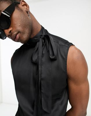 ASOS DESIGN sleeveless satin tie neck shirt in black - ASOS Price Checker