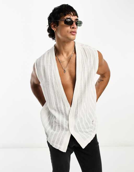 ASOS DESIGN - Camicia senza maniche regular fit in cotone bianca testurizzata