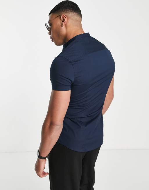 ASOS DESIGN - Camicia skinny blu navy con collo serafino, 2 di 4