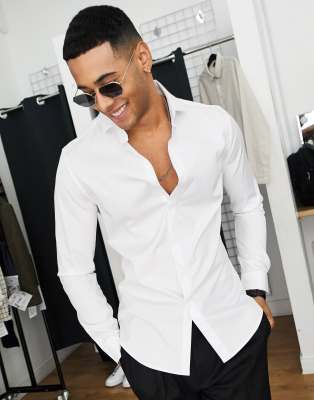 ASOS DESIGN - Camicia skinny con colletto alla francese bianca con motivo a spina di pesce