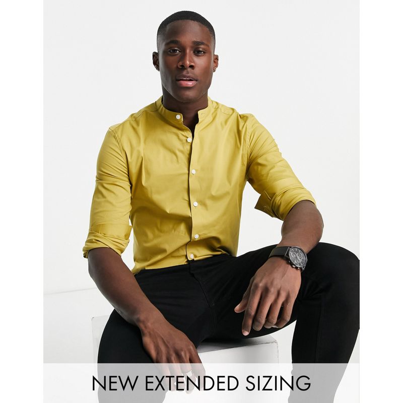 Uomo IntFY DESIGN - Camicia skinny con collo serafino giallo senape