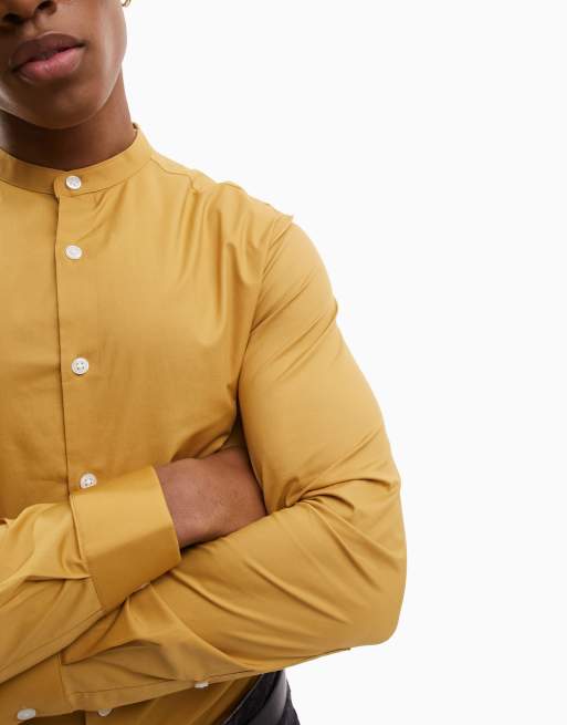 ASOS DESIGN - Camicia skinny con collo serafino giallo senape, 3 di 4