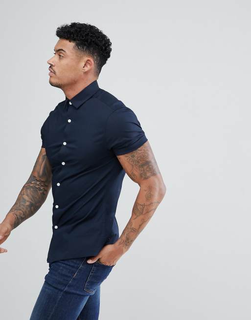 ASOS DESIGN - Camicia skinny elasticizzata blu navy