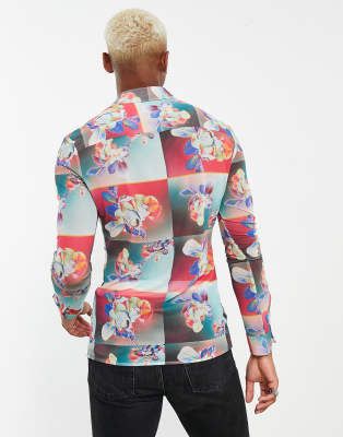Camicia skinny elasticizzata in rete a fiori con motivo patchwork-Multicolore - ASOS DESIGN Camicia donna  - immagine1