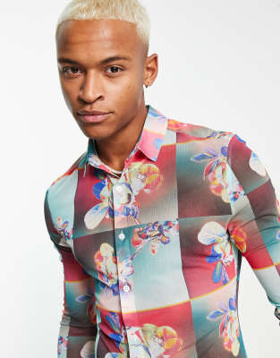 Camicia skinny elasticizzata in rete a fiori con motivo patchwork-Multicolore - ASOS DESIGN Camicia donna  - immagine2