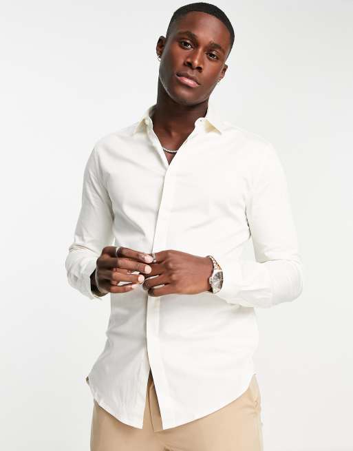 ASOS DESIGN - Camicia skinny fit in rasatello color avorio 