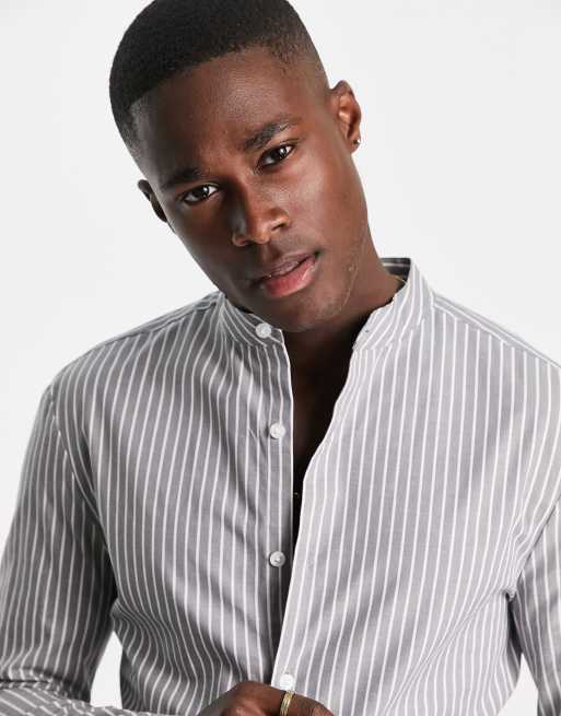 ASOS DESIGN - Camicia skinny grigia a righe con collo serafino