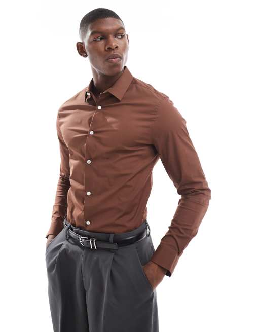  ASOS DESIGN - Camicia skinny in popeline marrone con colletto quadrato