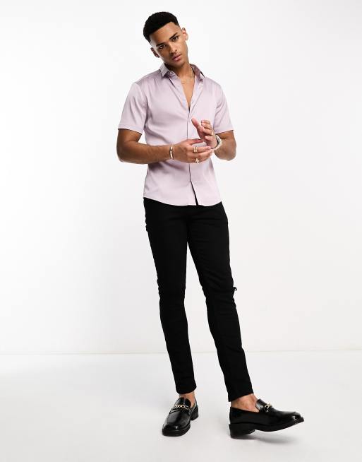 ASOS DESIGN - Camicia skinny in raso lilla crepuscolare con maniche arrotolate, 3 di 4
