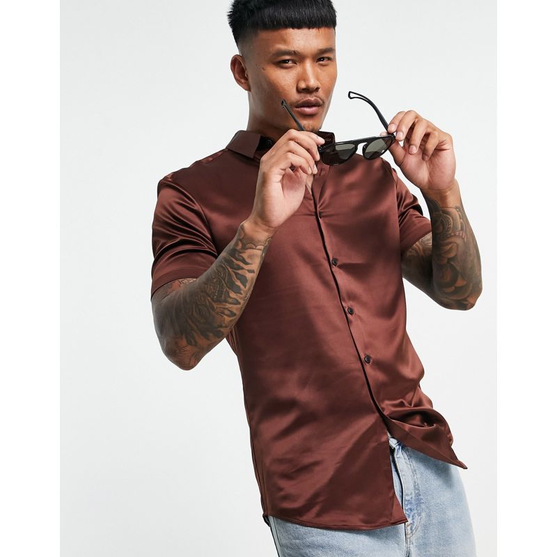 Uomo Camicie DESIGN - Camicia skinny in raso marrone