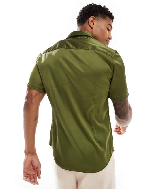 ASOS DESIGN - Camicia skinny in raso verde kaki con maniche arrotolate, 2 di 4