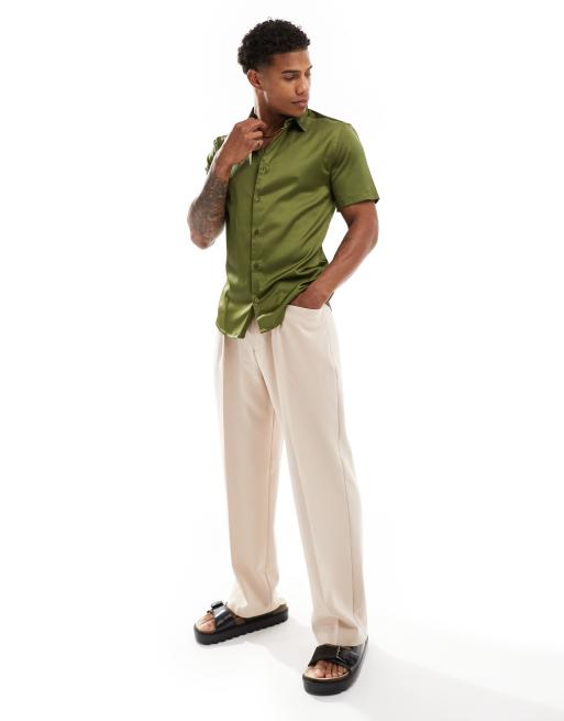 ASOS DESIGN Camicia skinny in raso verde kaki con maniche