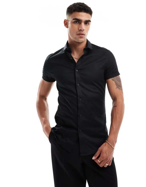 ASOS DESIGN - Camicia skinny in tessuto Royal Oxford nera con colletto alla francese