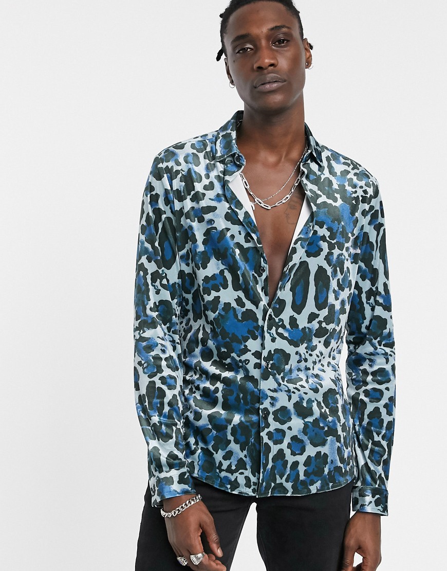 ASOS DESIGN - Camicia skinny in velluto elasticizzato leopardato-Blu