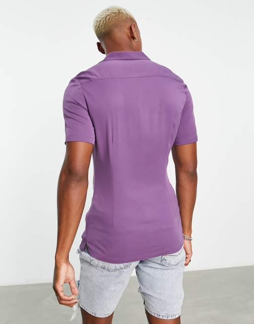 ASOS DESIGN - Camicia skinny in viscosa color uva con colletto con rever, 2 di 4