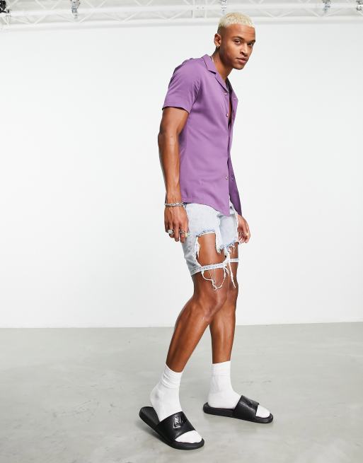 ASOS DESIGN - Camicia skinny in viscosa color uva con colletto con rever, 4 di 4