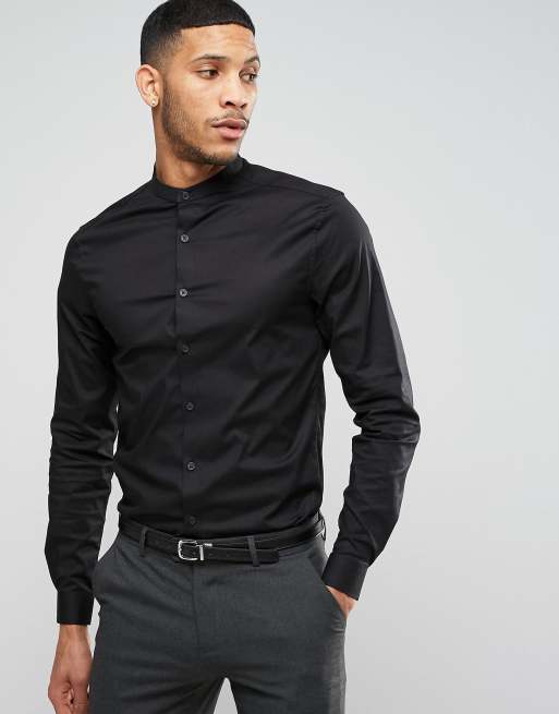 ASOS DESIGN - Camicia skinny nera con collo serafino e maniche lunghe