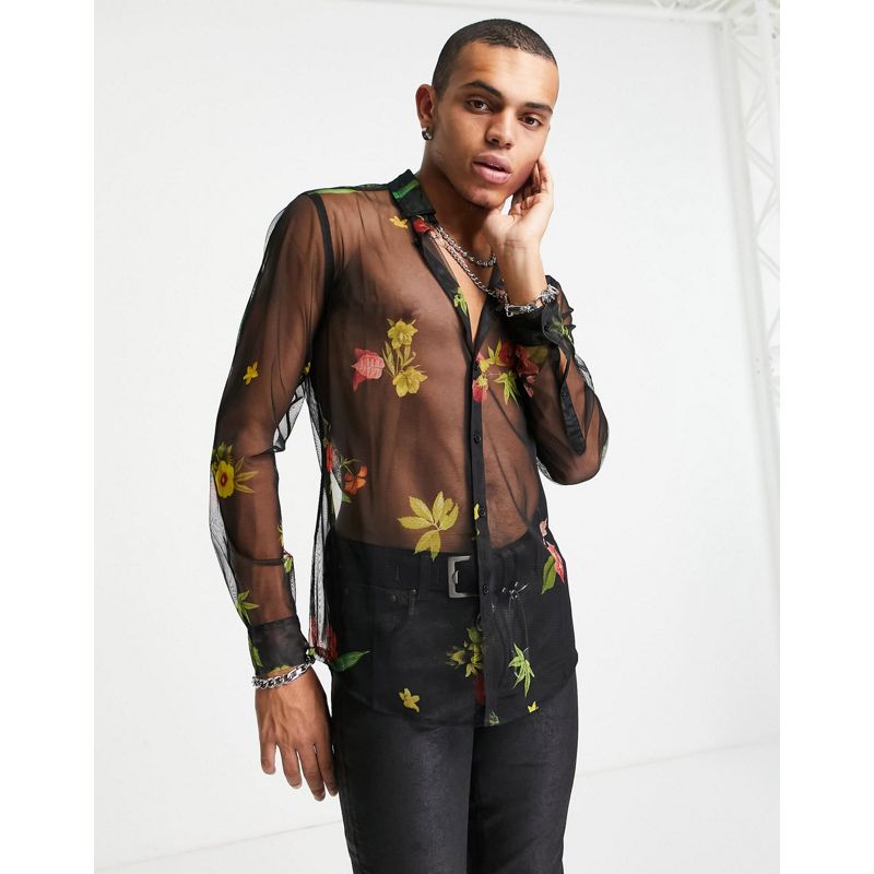 DESIGN - Camicia slim a rete, colore nero con stampa a fiori