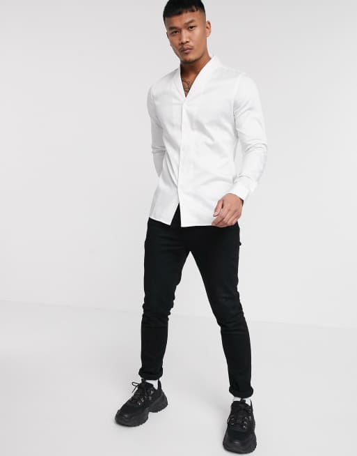 ASOS DESIGN - Camicia slim bianca in rasatello con collo sciallato, 4 di 4