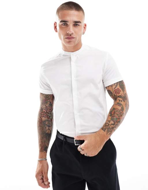 ASOS DESIGN - Camicia slim con collo serafino bianca