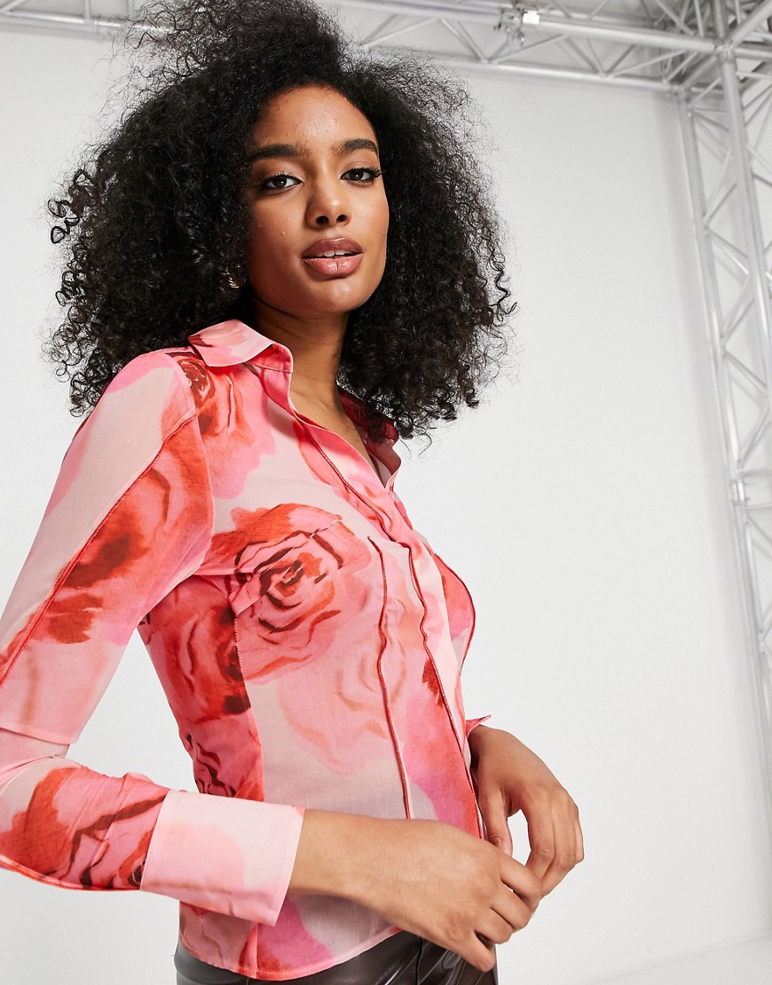 Camicia slim con stampa di rose e dettagli con cuciture-Rosa - ASOS DESIGN Camicia donna  - immagine1