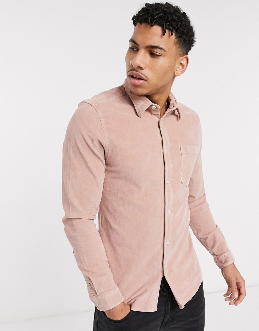 ASOS DESIGN - Camicia slim elasticizzata a coste rosa