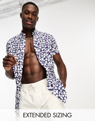 ASOS DESIGN stretch slim shirt in navy ditsy floral - ASOS Price Checker