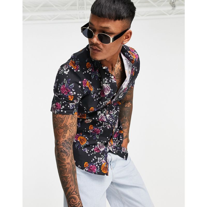 Camicie stampate Uomo DESIGN - Camicia slim fit nera a fiori in coordinato