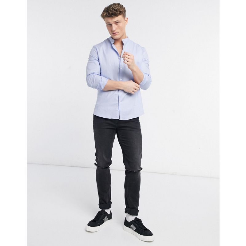 Uomo Camicie tinta unita DESIGN - Camicia slim fit testurizzata con collo serafino e trama a spina di pesce, colore blu