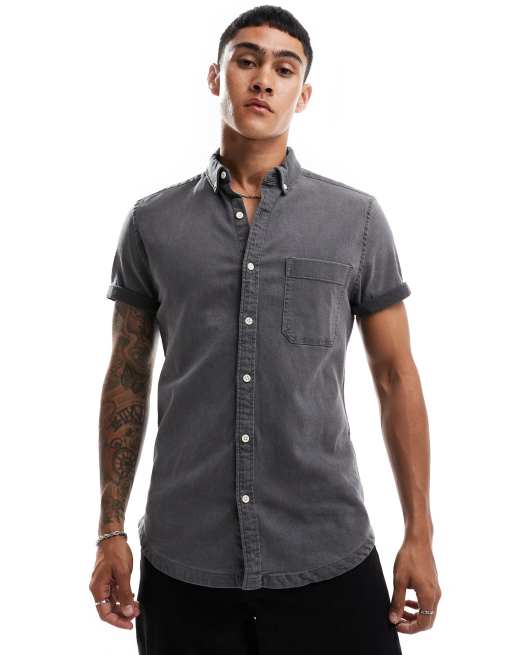 ASOS DESIGN - Camicia slim in denim elasticizzato nero slavato
