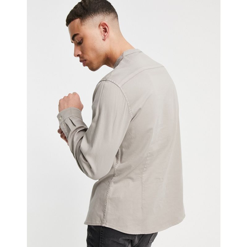 Uomo chuSP DESIGN - Camicia slim in denim grigio con collo serafino