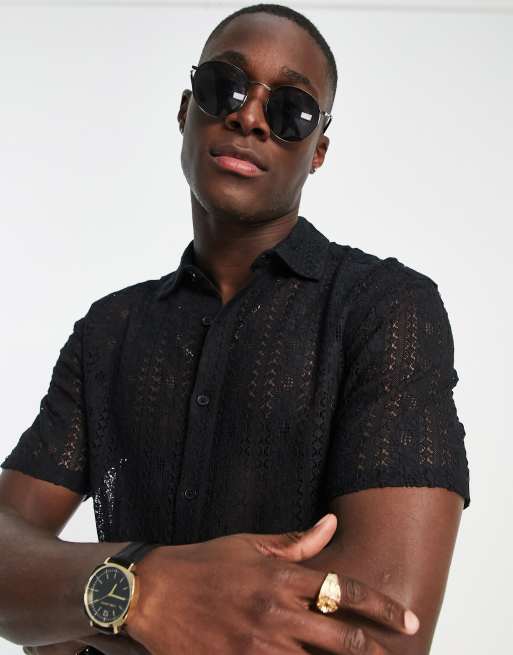 ASOS DESIGN - Camicia slim in pizzo nero