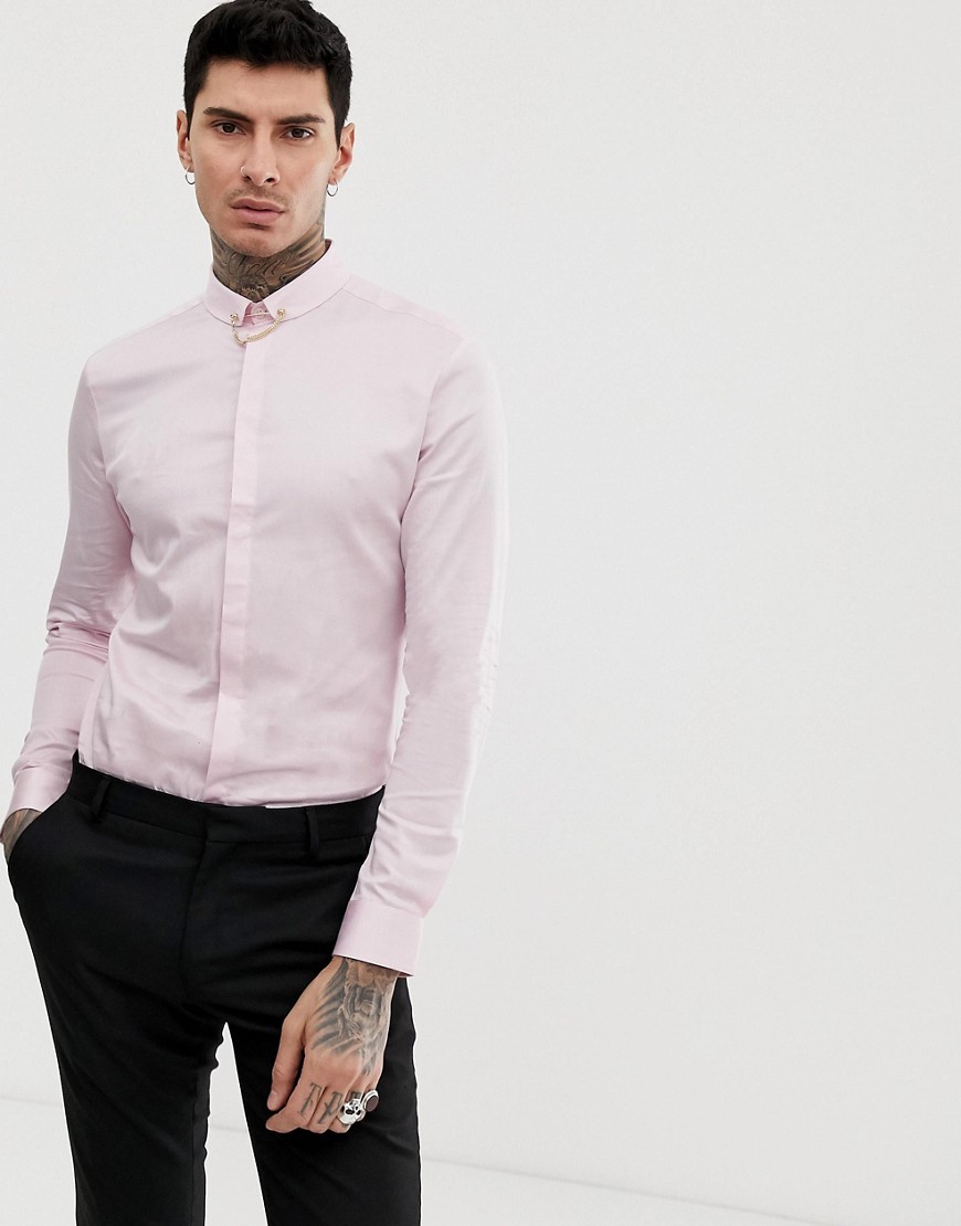 ASOS DESIGN - Camicia slim in rasatello rosa con colletto smussato e barretta