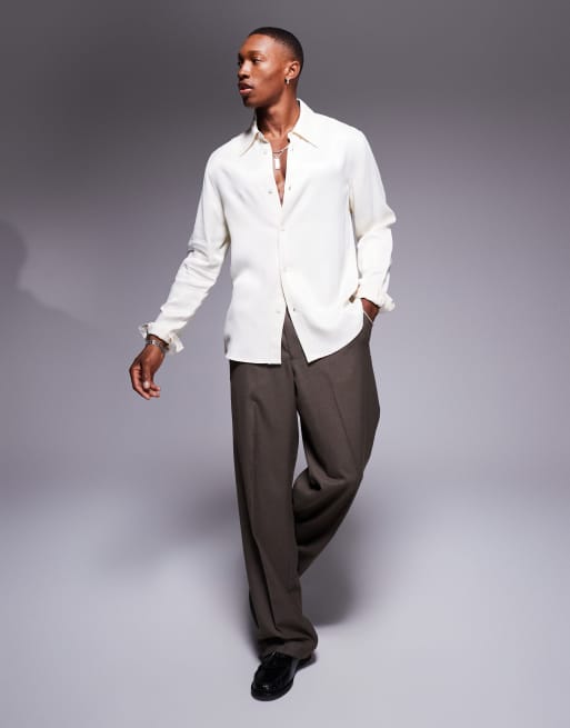 ASOS DESIGN slim fit shirt with 70s collar in cream satin