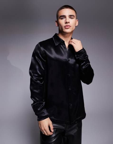 ASOS DESIGN - Camicia slim in raso nera con colletto anni '70 - view 1