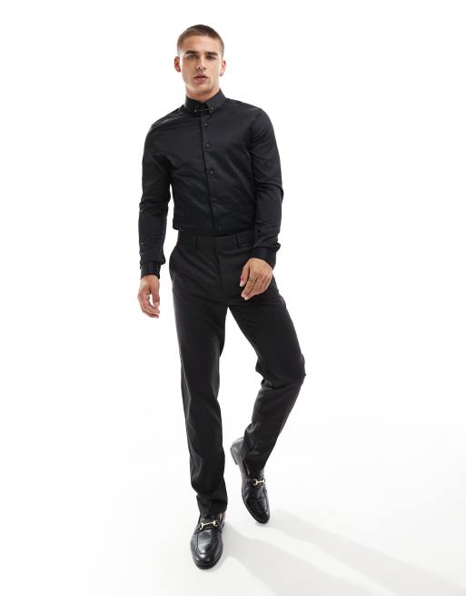 ASOS DESIGN - Camicia slim nera con colletto con barretta