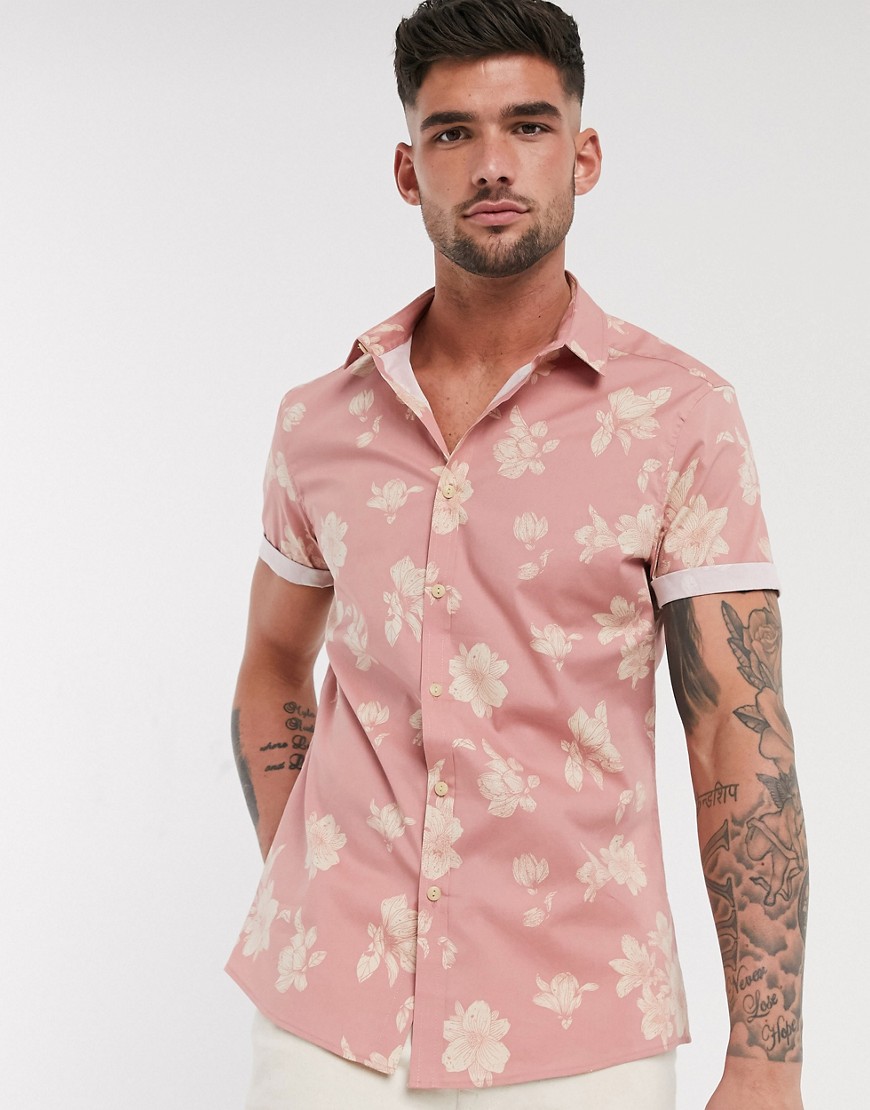 ASOS DESIGN - Camicia slim rosa polvere a fiori