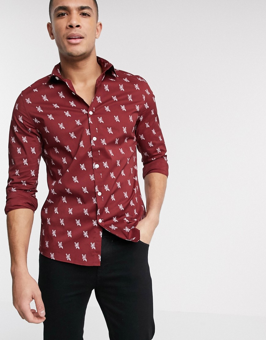 ASOS DESIGN - Camicia slim stretch bordeaux con stampa di rose-Rosso