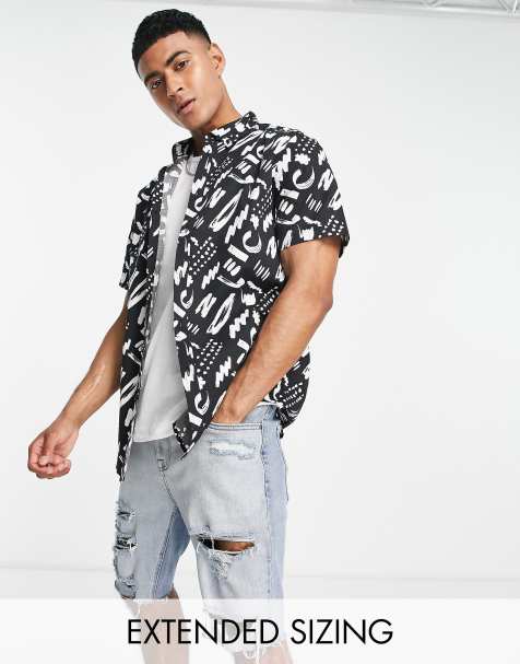 ASOS DESIGN - Camicia slim stretch nera con stampa astratta - view 1