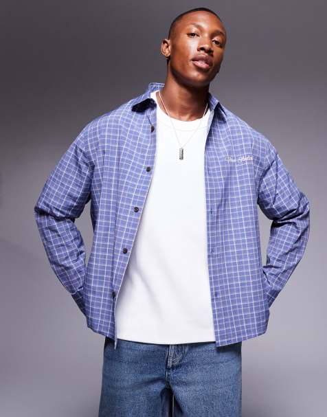ASOS DESIGN - Camicia squadrata blu a quadri con ricamo sul petto - view 1