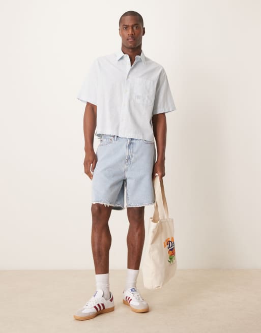 ASOS DESIGN - Camicia squadrata blu in misto lino con ricamo tono su tono sul petto, 2 di 4