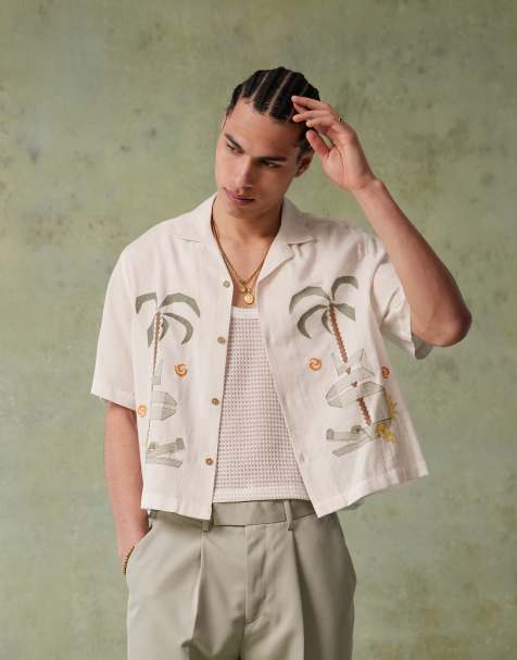 ASOS DESIGN - Camicia squadrata color crema con rever e palme ricamate - view 1
