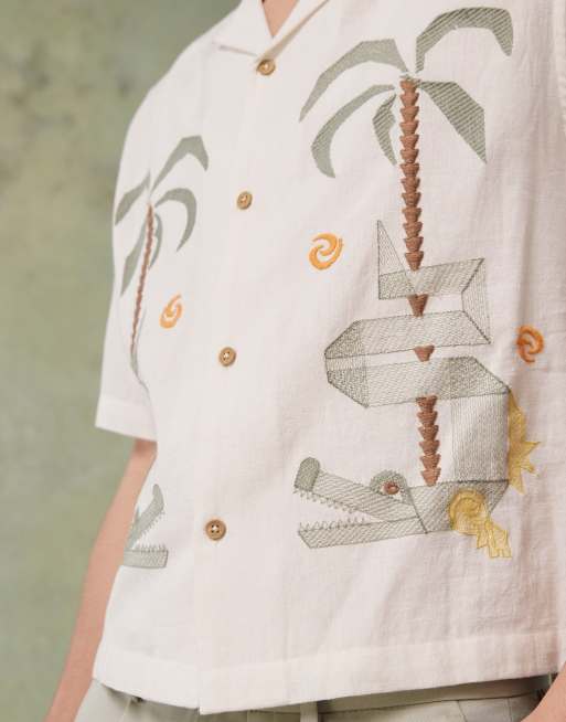 ASOS DESIGN - Camicia squadrata color crema con rever e palme ricamate, 4 di 4